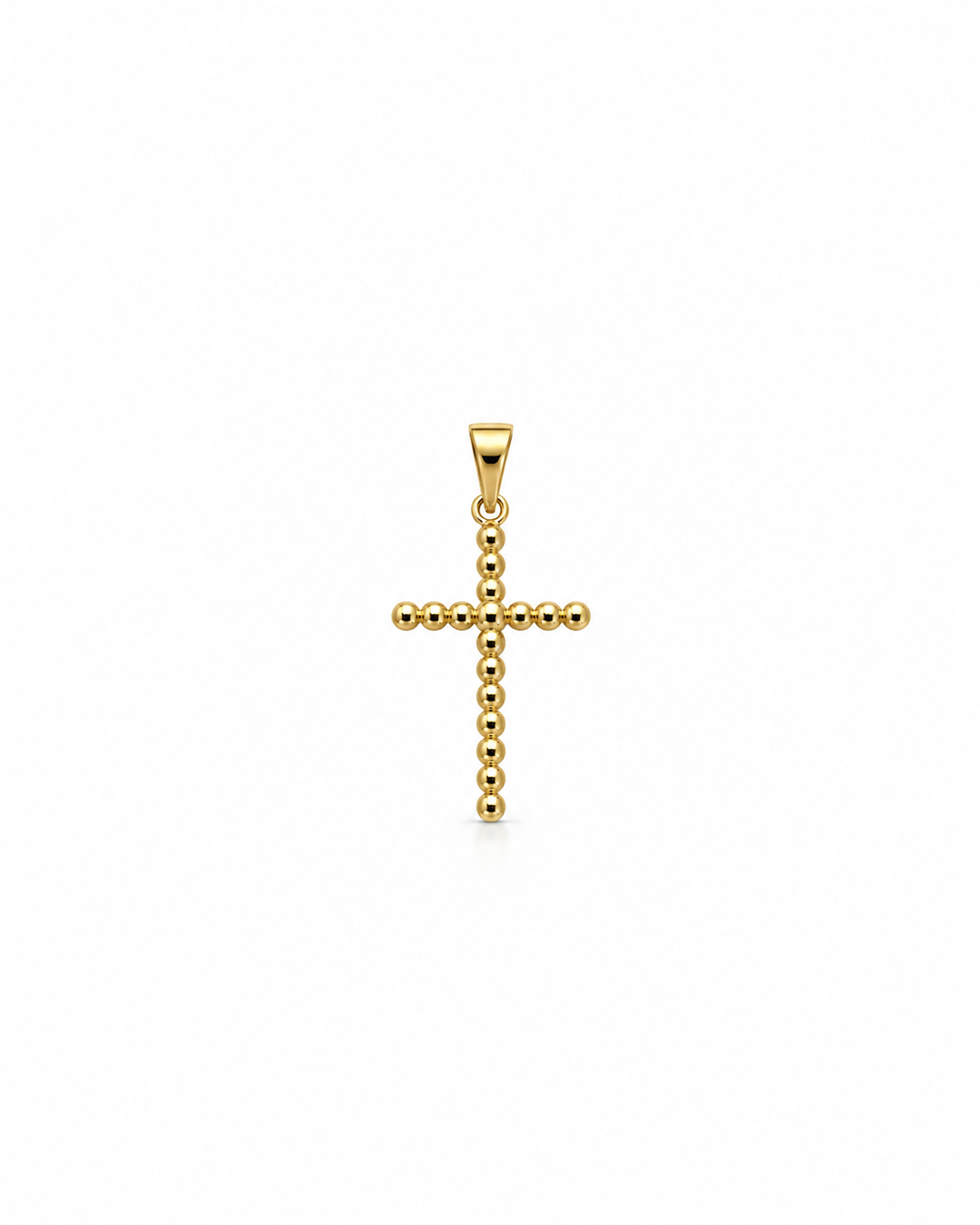 Kreuzanhänger Noor-e Iman aus 18K Gelbgold mit glänzenden Goldkugeln, freigestellt auf weissem Hintergrund.
