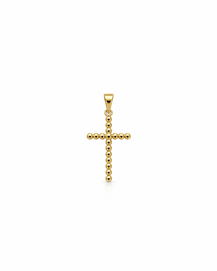 Kreuzanhänger Noor-e Iman aus 18K Gelbgold mit glänzenden Goldkugeln, freigestellt auf weissem Hintergrund.