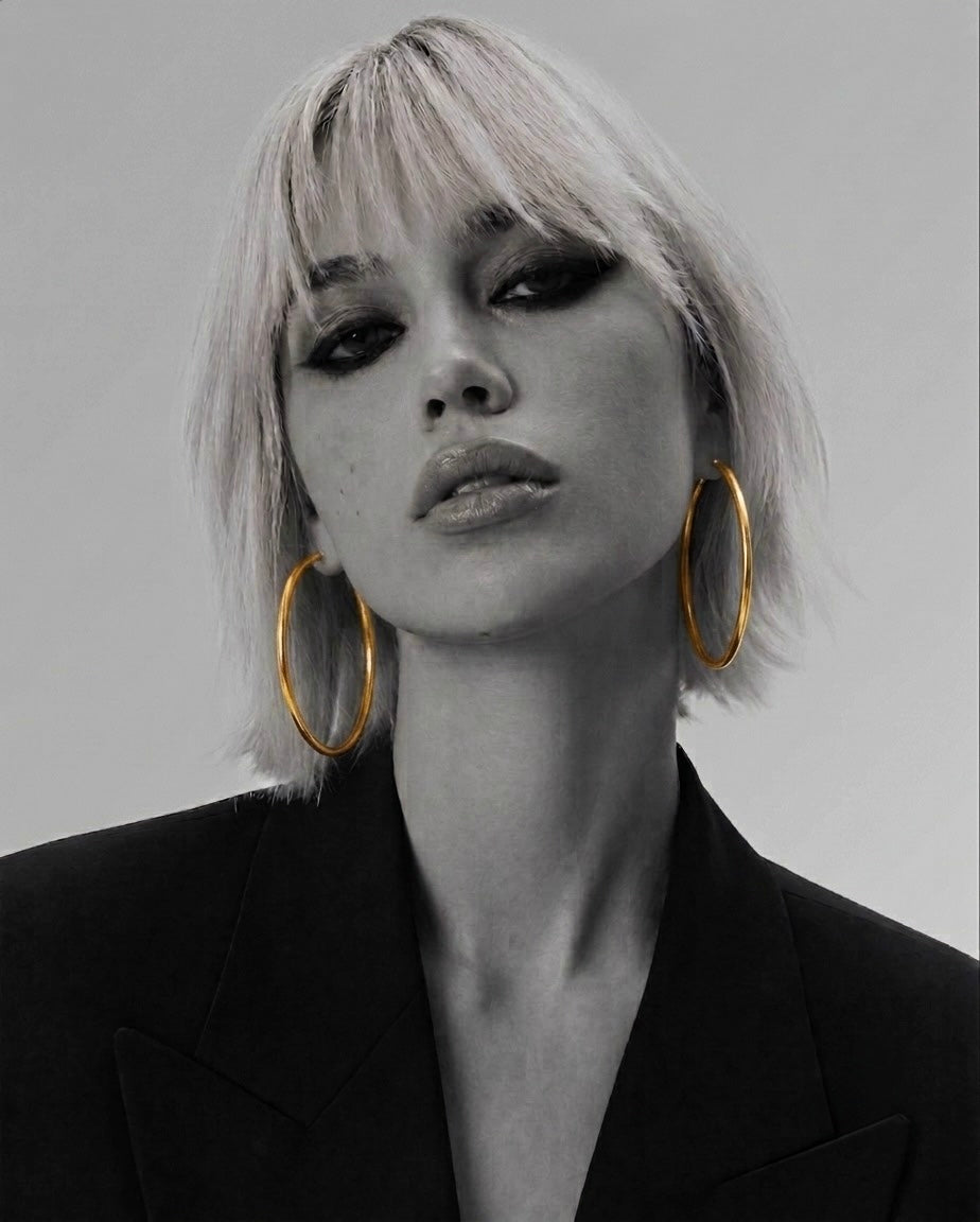 Elegante Frau mit kurzem blondem Bob und schwarzem Blazer trägt grosse Creolen aus 18 Karat Gelbgold von Ziba Gold. Das stilvolle Schwarz-Weiss-Porträt setzt die glänzenden Goldohrringe als zeitlosen, luxuriösen Blickfang in Szene.