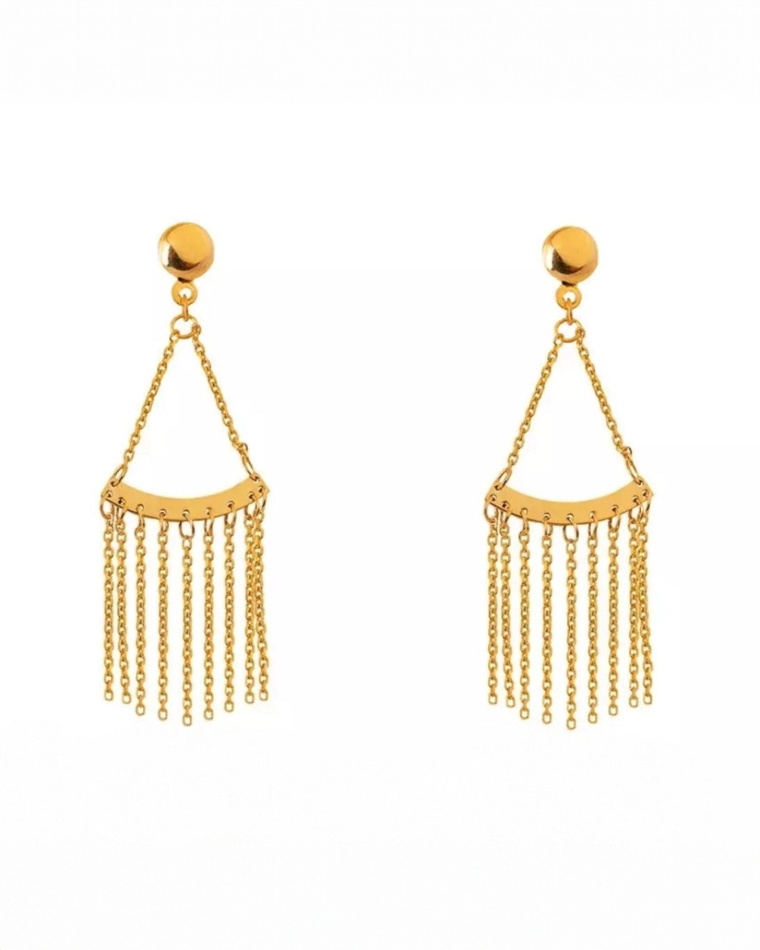 Ohrringe aus 18k Gelbgold mit gebogener Platte und herabhängenden Kettensträngen – inspiriert vom Design „Barân-e Zarrin
