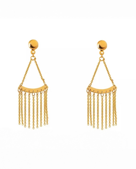 Ohrringe aus 18k Gelbgold mit gebogener Platte und herabhängenden Kettensträngen – inspiriert vom Design „Barân-e Zarrin