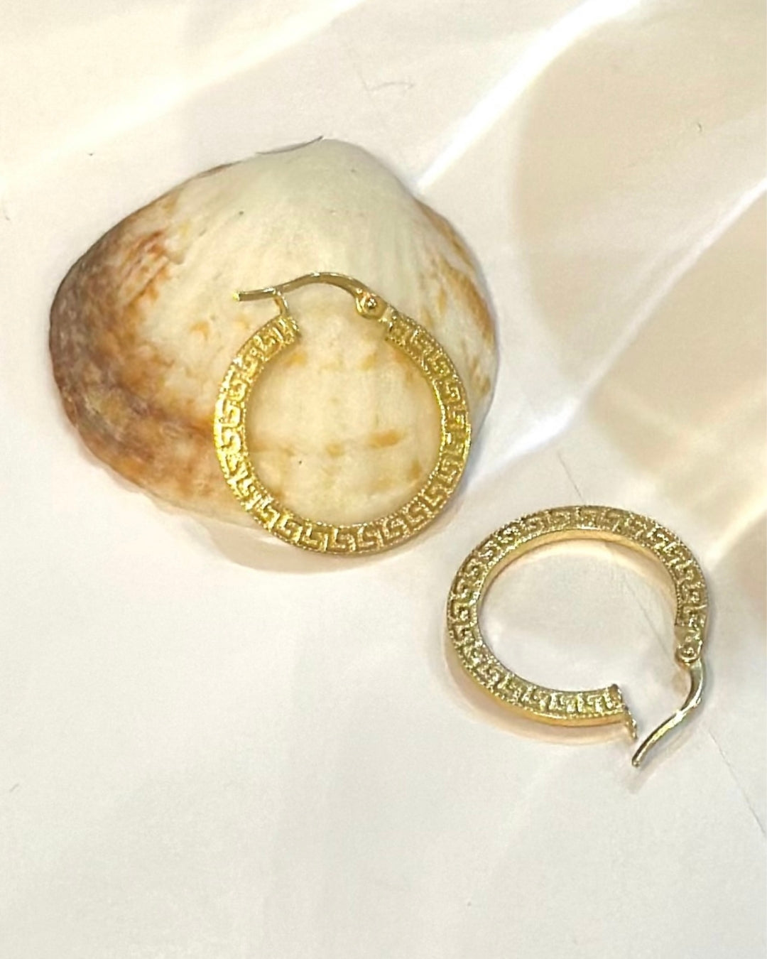 Ziba Gold Creolen mit ornamentalem Design auf Muscheldekor – Detailaufnahme mit Lichtspiel.