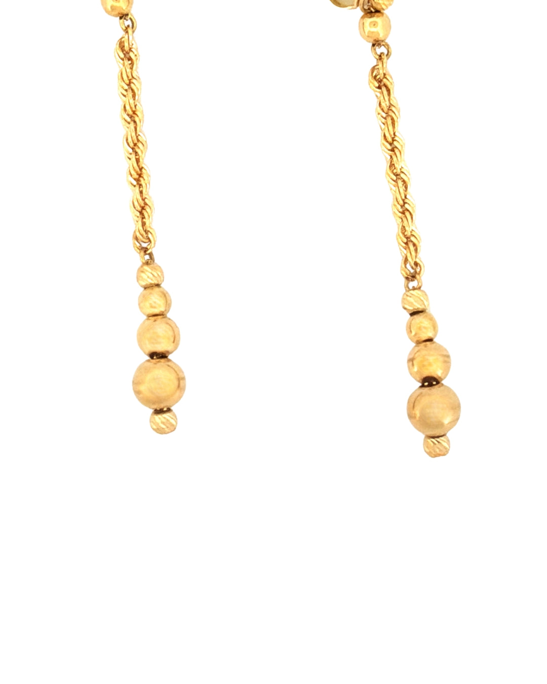 Detailaufnahme Reshteh-ye Tanab-e Zarif (Zartes Kordelband): Feine Goldkordel mit abgestuften Kugeln, handgefertigt – vor weissem Hintergrund