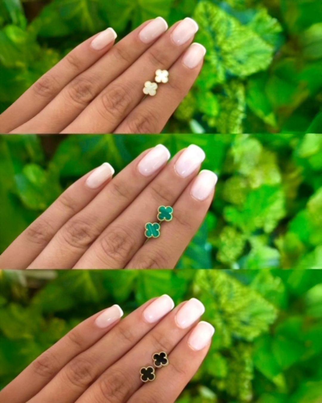 Hand mit drei Paar Ohrsteckern in Kleeblattform aus 18 Karat Gold – oben mit Perlmutt, in der Mitte mit grünem Stein, unten mit schwarzem Onyx, getragen an den Fingern vor grünem Hintergrund.