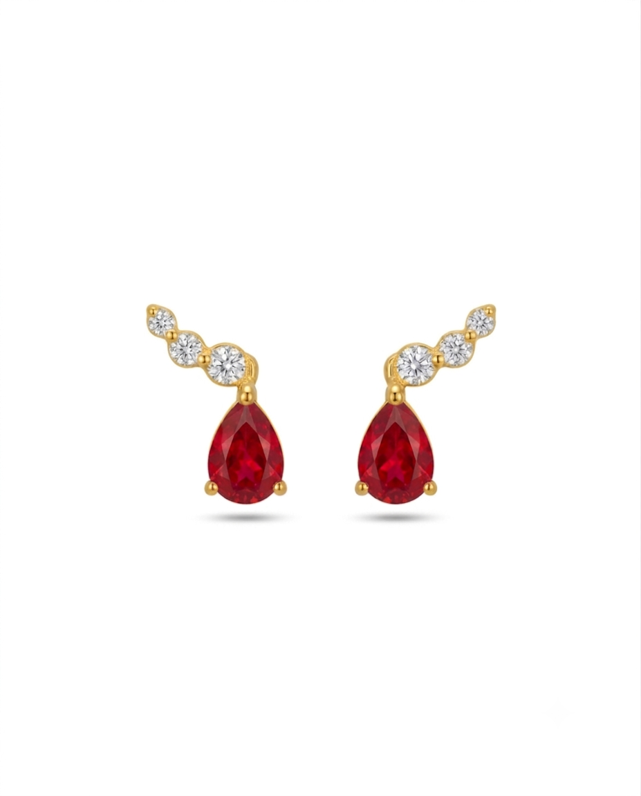 18k Gelbgold Ohrstecker mit roter Tropfen-Zirkonia und drei weissen Zirkonia – Ashk-e Ghermez