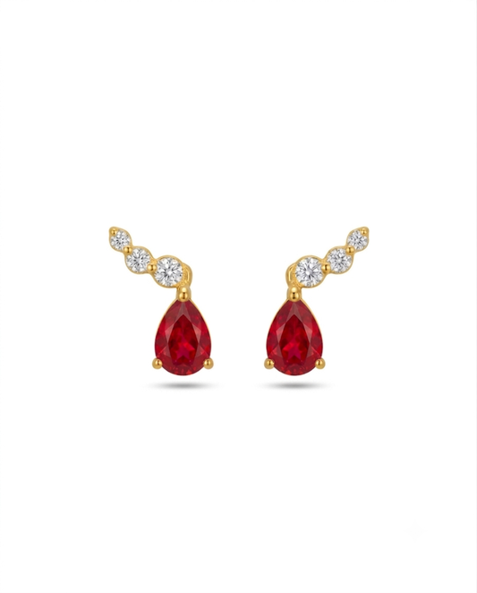 18k Gelbgold Ohrstecker mit roter Tropfen-Zirkonia und drei weissen Zirkonia – Ashk-e Ghermez