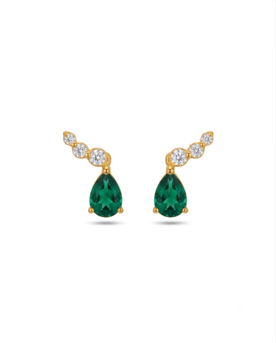 18k Gelbgold Ohrstecker mit grüner Tropfen-Zirkonia und drei weissen Zirkonia – Ashk-e Sabz