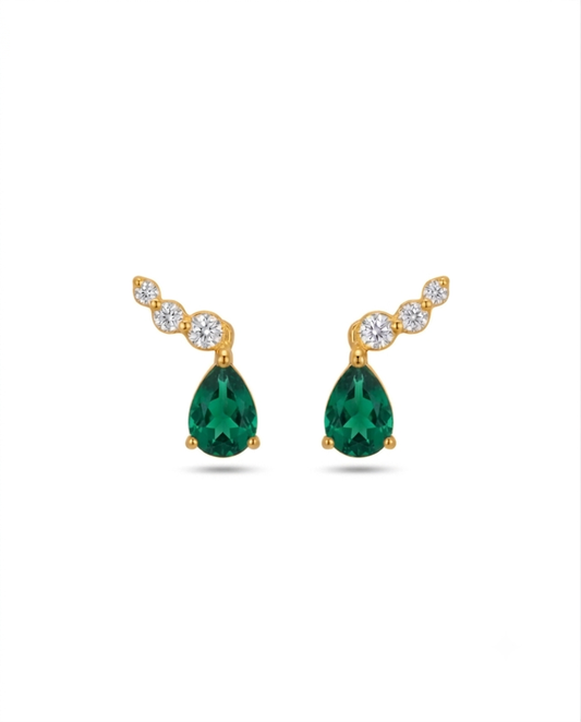 18k Gelbgold Ohrstecker mit grüner Tropfen-Zirkonia und drei weissen Zirkonia – Ashk-e Sabz