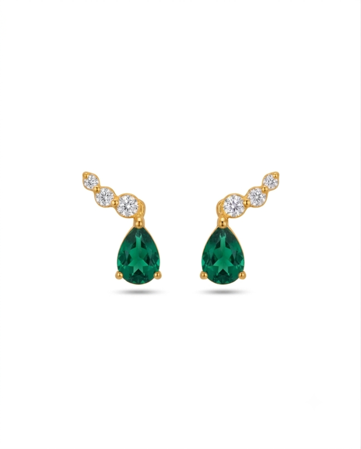 18k Gelbgold Ohrstecker mit grüner Tropfen-Zirkonia und drei weissen Zirkonia – Ashk-e Sabz