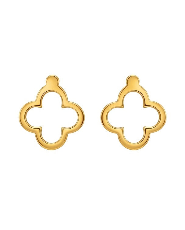 18 Karat Gelbgold-Ohrstecker in filigranem Kleeblatt-Design mit offenem Rahmen. Zeitlose, elegante Goldohrringe mit glänzend polierter Oberfläche – ideal für Alltag, Business und besondere Anlässe.