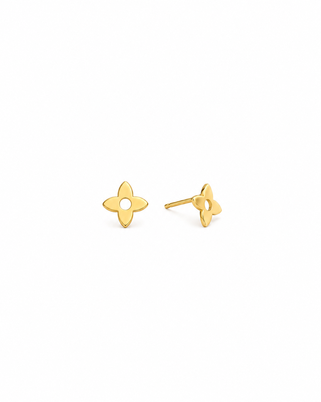 Chahar Barg Ohrstecker aus 18k Gelbgold in Vorder- und Seitenansicht mit Steckstift auf weissem Hintergrund.