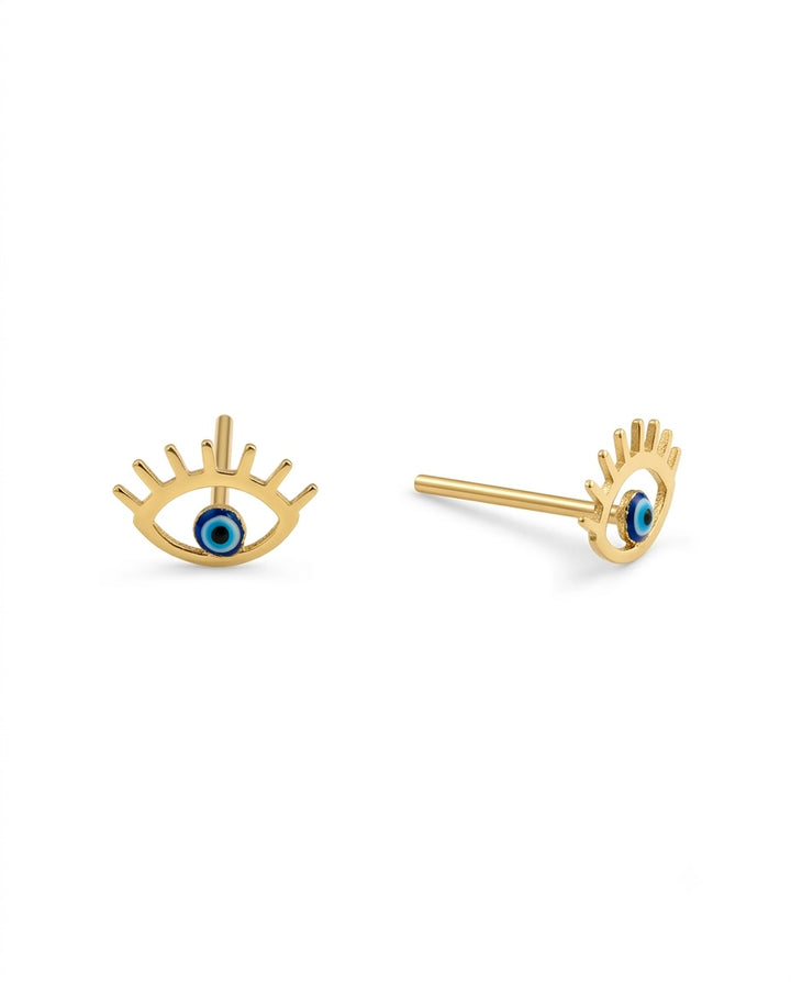 18 Karat Gold Ohrstecker mit Nazar-Auge im filigranen Augen-Design. Elegante Damenohrringe aus Gelbgold mit blauem Schutzauge als Symbol für Glück, Schutz und positive Energie – handgefertigter Schmuck von Ziba Gold.
