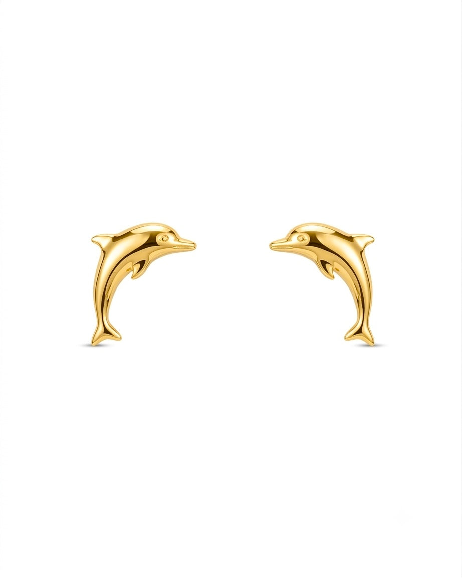 18k Gold Ohrstecker in Delfinform – hochglanzpoliert, 1.2 cm lang