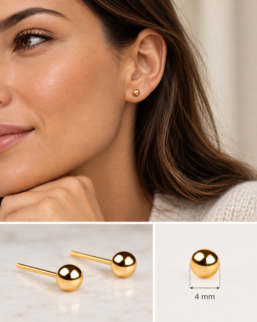 Goldene Kugel-Ohrstecker mit 4 mm Durchmesser aus 18 Karat Gold, getragen am Ohr und als Detailansicht dargestellt.