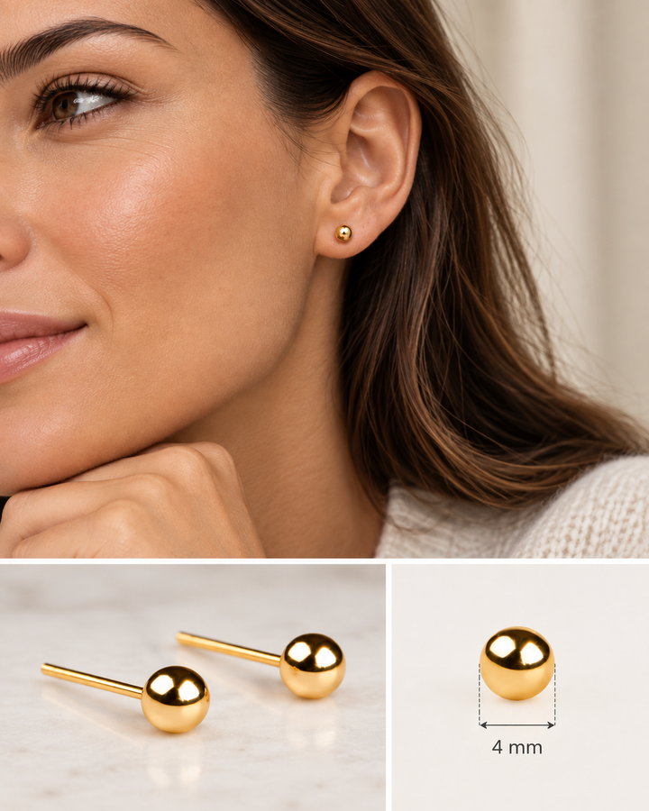 Goldene Kugel-Ohrstecker mit 4 mm Durchmesser aus 18 Karat Gold, getragen am Ohr und als Detailansicht dargestellt.