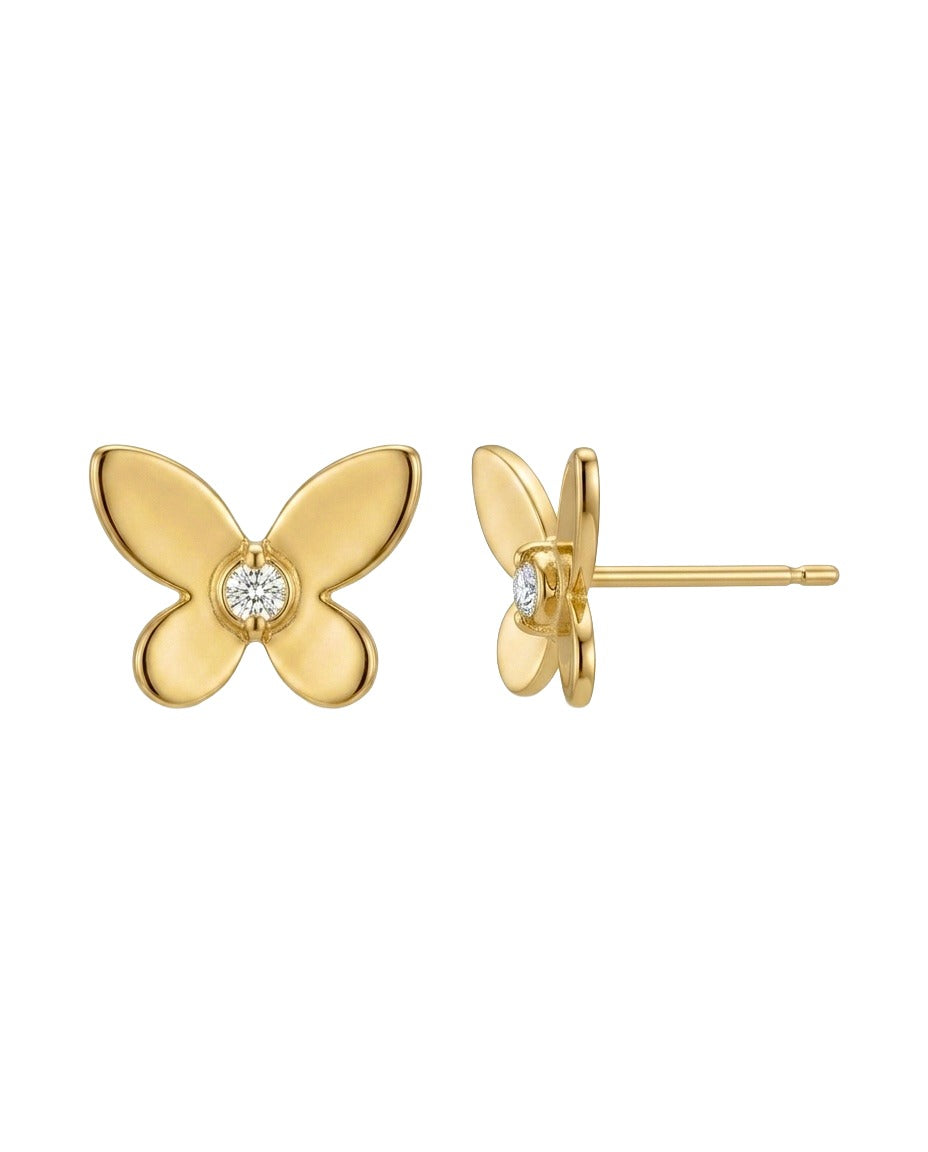 18 Karat Gold Schmetterling Ohrstecker mit funkelndem Zirkonia in der Mitte. Elegante Butterfly-Stecker aus Gelbgold mit matter Oberfläche und filigranem Design – zeitloser Goldschmuck für Damen.