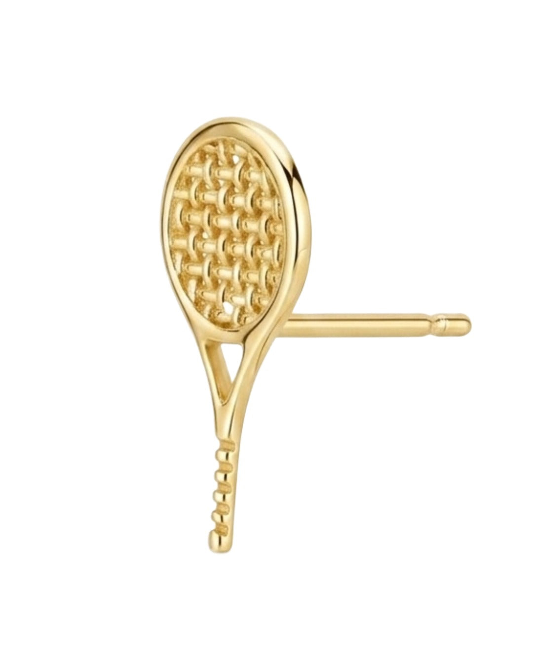 Detailaufnahme der 18k Gelbgold-Ohrstecker „Raket-e Tennis“ mit feiner Gitterstruktur