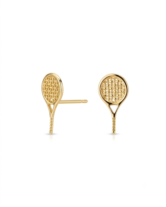 Ohrstecker aus 18k Gelbgold in Tennisraketen-Form, freigestelltes Produktbild