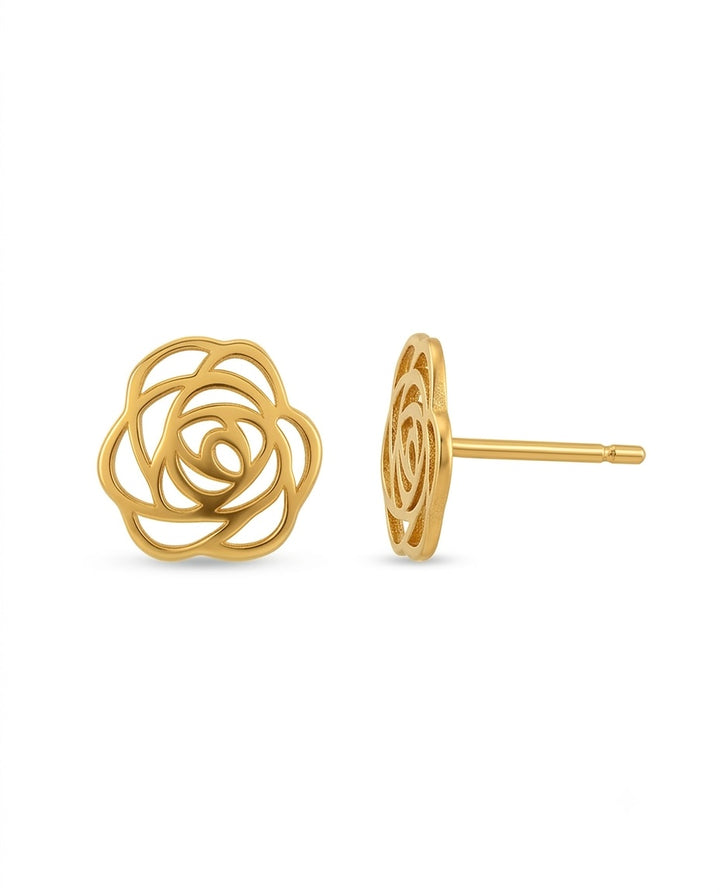 Filigrane Ohrstecker aus 18 Karat Gelbgold in Form einer stilisierten, offenen Blüte. Das elegante florale Design mit geschwungenen Linien verleiht den handgefertigten Gold-Ohrsteckern eine zeitlose und feminine Ausstrahlung. Hochwertiger Goldschmuck für Alltag, Business und besondere Anlässe.