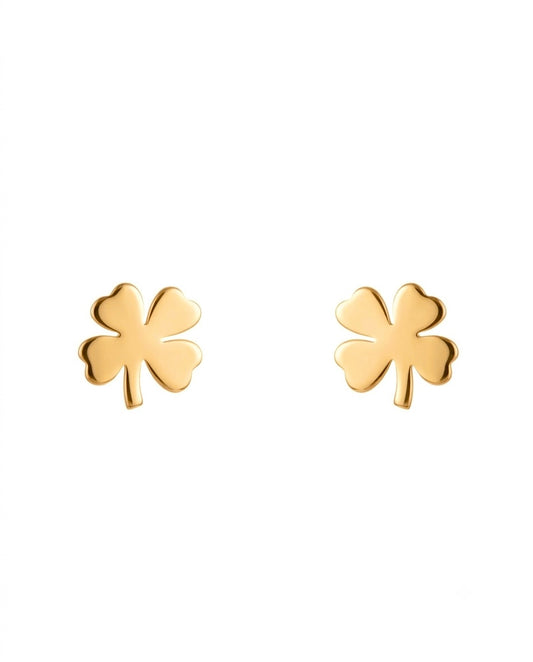 Paar Ohrstecker aus 18k Gelbgold im Kleeblatt-Design mit Herzblättern – freigestelltes Produktbild auf weissem Hintergrund.