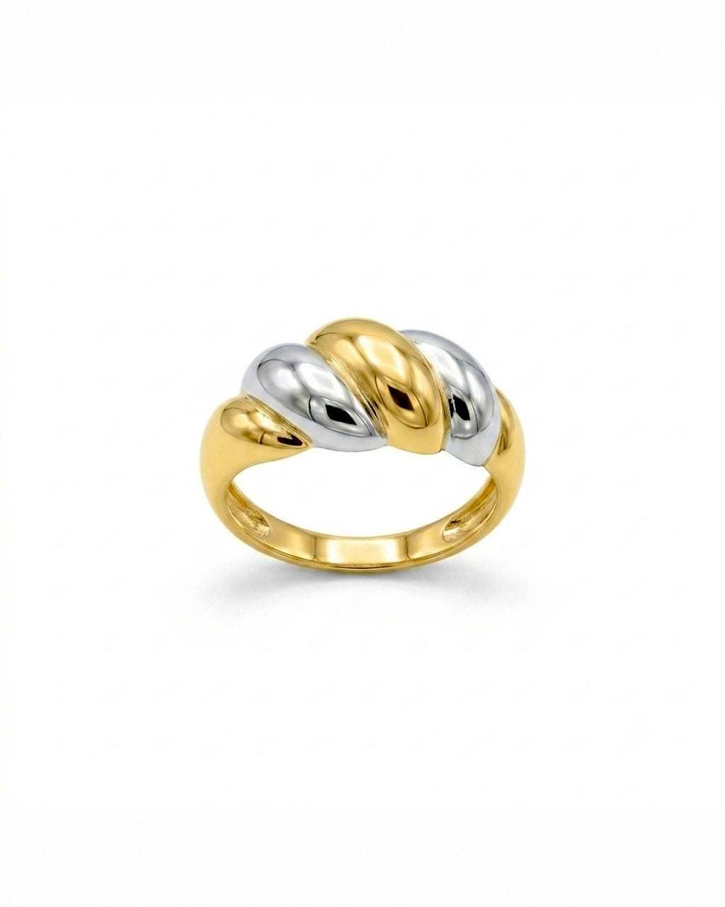 18k Bicolor-Goldring aus Gelb- und Weissgold mit geschwungenem, hochglanzpoliertem Design. Elegant, modern und zeitlos.