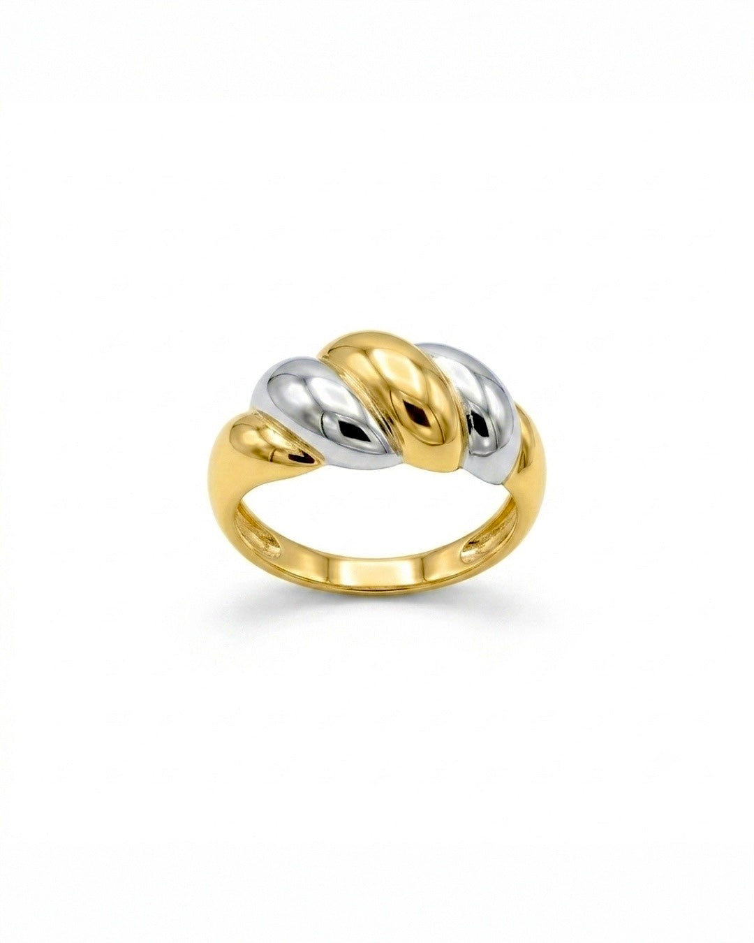18k Bicolor-Goldring aus Gelb- und Weissgold mit geschwungenem, hochglanzpoliertem Design. Elegant, modern und zeitlos.