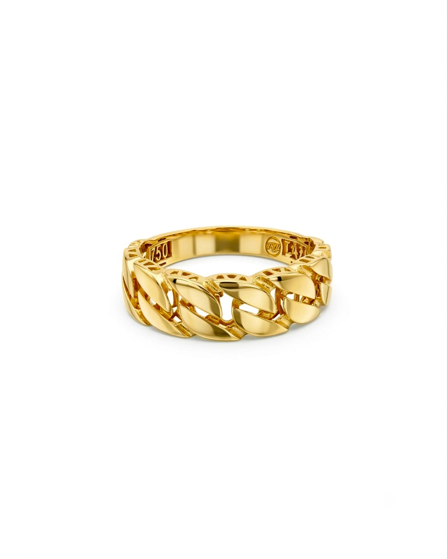 18k Gelbgoldring im Panzerketten-Design mit hochglanzpolierten Kettengliedern. Ausdrucksstark, modern und zeitlos elegant.
