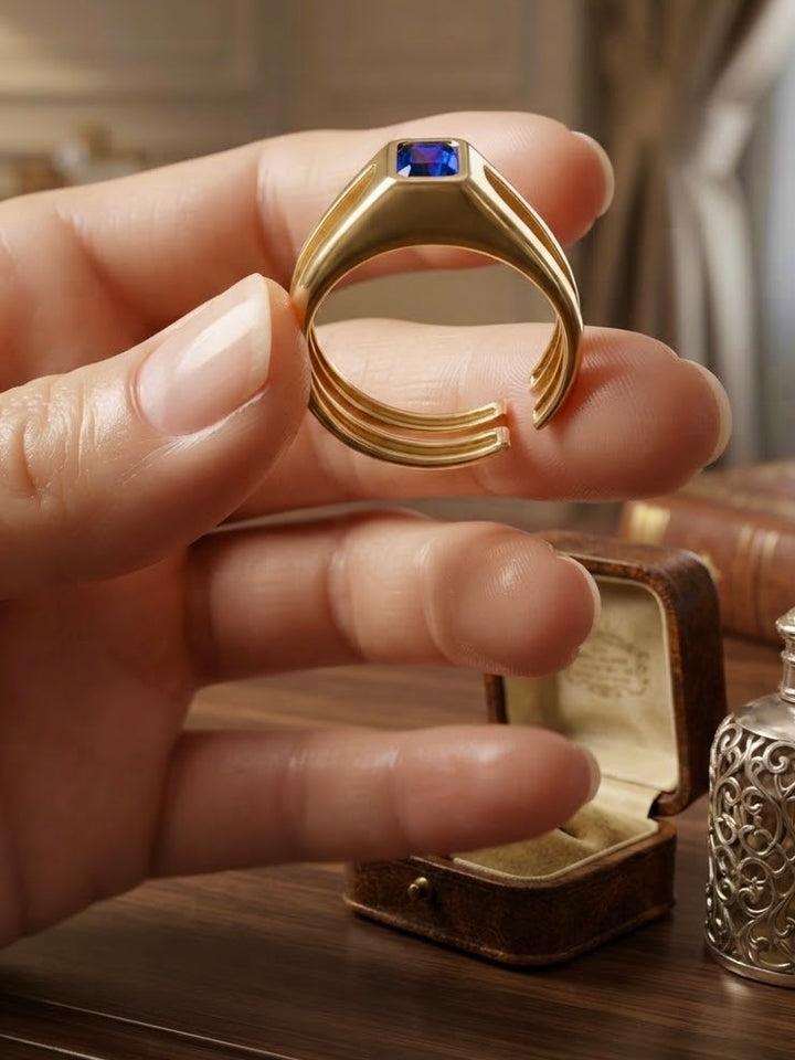Offener Ring aus 18k Gelbgold mit saphirblauem Stein in Seitenansicht