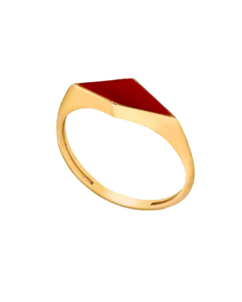 Geometrischer 18k Goldring mit rotem Emaille-Einsatz – Produktbild