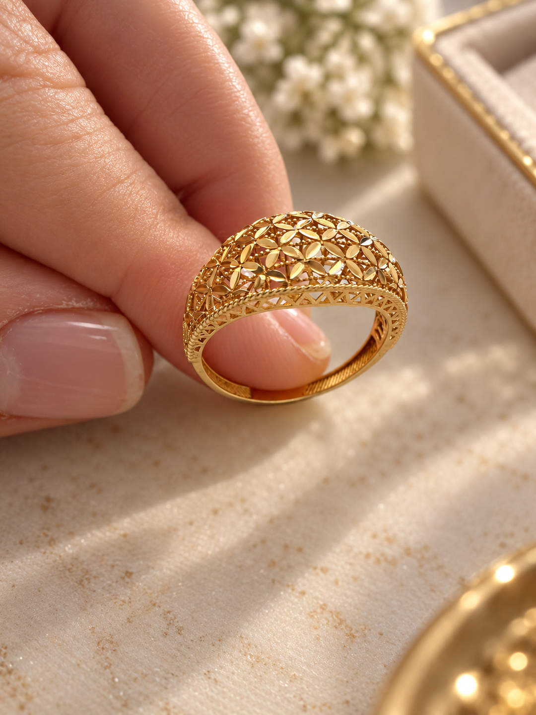     Detailansicht des offen gearbeiteten floralen Goldrings Golestan