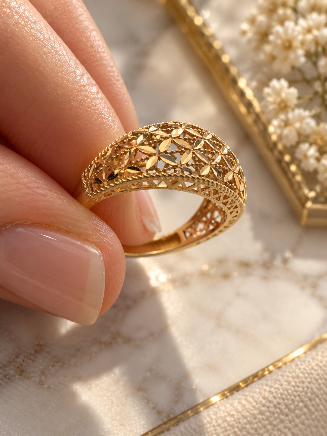     Seitenansicht des gewölbten Golestan Rings aus 18k Gold