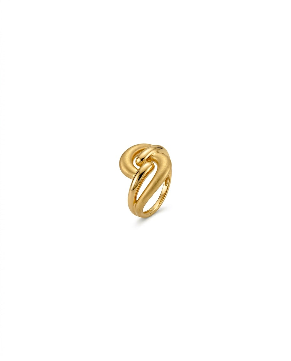 Skulpturaler Ring aus 18k Gelbgold mit mattierten und hochglanzpolierten Elementen auf weissem Hintergrund.
