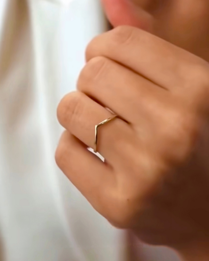 Nahaufnahme einer Hand mit dem Ring „Khatt-e Del“ aus 18 Karat Gelbgold – minimalistisches, kantiges Design in Form einer feinen Linie, symbolisch als „Linie des Herzens“, elegant am Finger getragen.