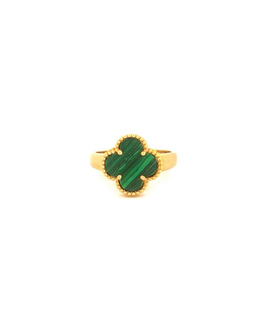 18k Gelbgold Ring mit Malachit Kleeblatt – Raz-e Sabz, handgefertigt