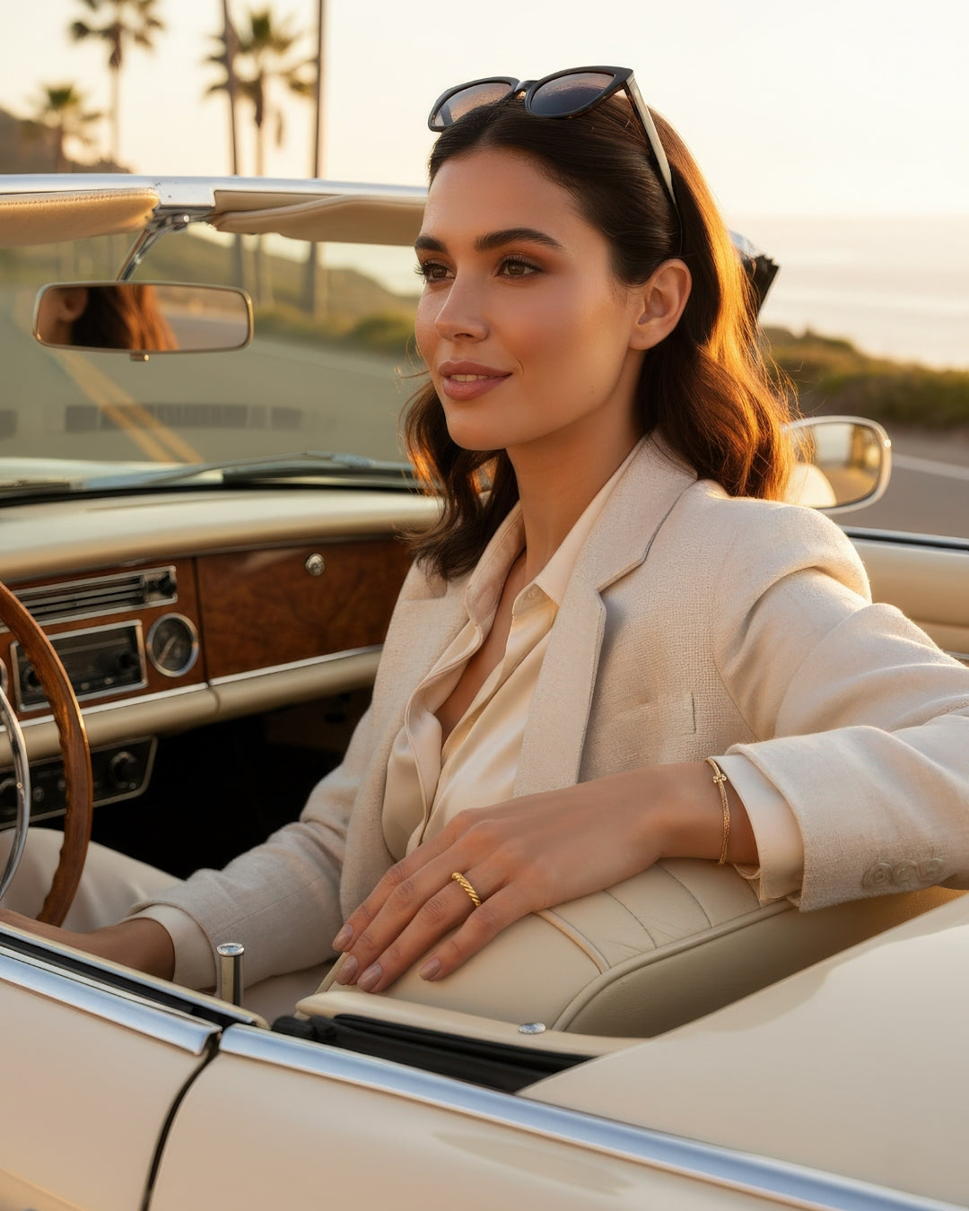 Frau trägt feinen 18k Goldring mit gedrehter Struktur – Lifestyleaufnahme im Auto