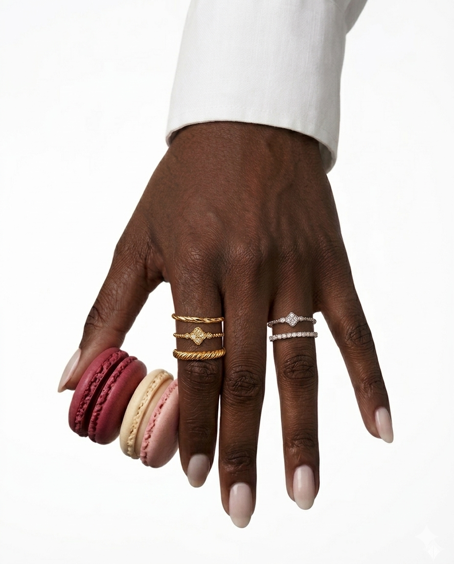 Hand mit mehreren eleganten 18 Karat Gold- und Weissgoldringen, darunter filigrane Ringe mit Zirkonia sowie gedrehte Designs, kombiniert mit bunten Macarons – stilvolle Schmuckinspiration für luxuriösen Alltag und besondere Anlässe.