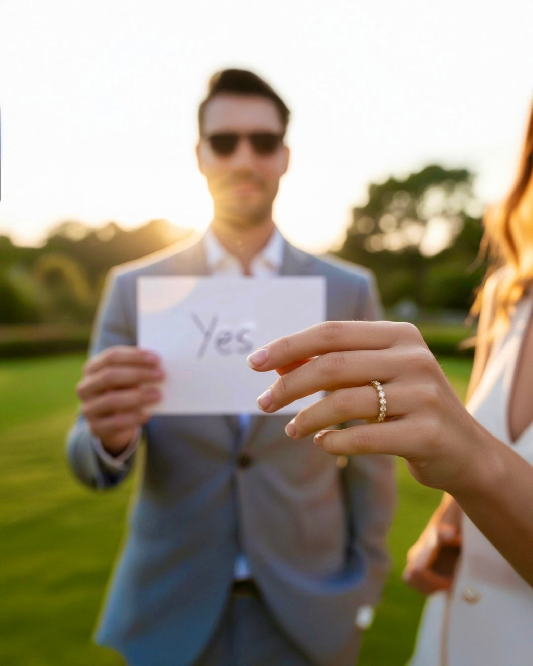 Nahaufnahme einer Frauenhand mit filigranem Diamantring bei einem Heiratsantrag im Freien, im Hintergrund ein Mann im Anzug, der ein Kärtchen mit der Aufschrift „Yes“ hält, warmes Abendlicht.