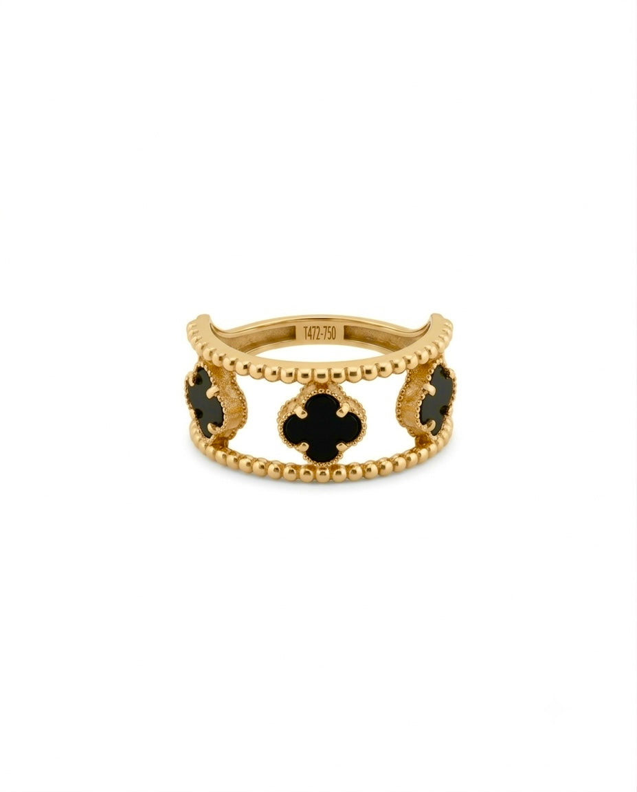 18k Gelbgold Ring mit drei Kleeblatt-Motiven aus natürlichem Onyx – Shans-e Shab