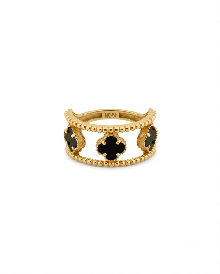 18k Gelbgold Ring mit drei Kleeblatt-Motiven aus natürlichem Onyx – Shans-e Shab