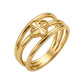 Ring aus 18 Karat Gelbgold mit vierblättrigem Kleeblatt und dreifach geschwungener Ringschiene. Hochglanzpolierter Goldschmuck mit elegantem Design, der Glück, Stil und zeitlose Schönheit symbolisiert.