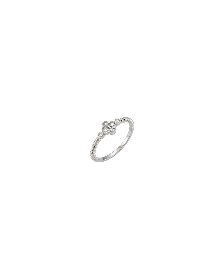 Filigraner Ring aus 18k Weissgold mit Blütenmotiv aus weissen Zirkonia und feinen Kugeldetails.