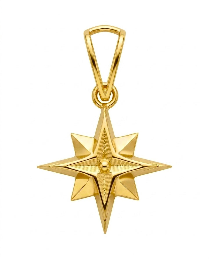 Detailaufnahme eines Polarstern Anhängers aus 18k Gelbgold mit geometrischer Sternform.