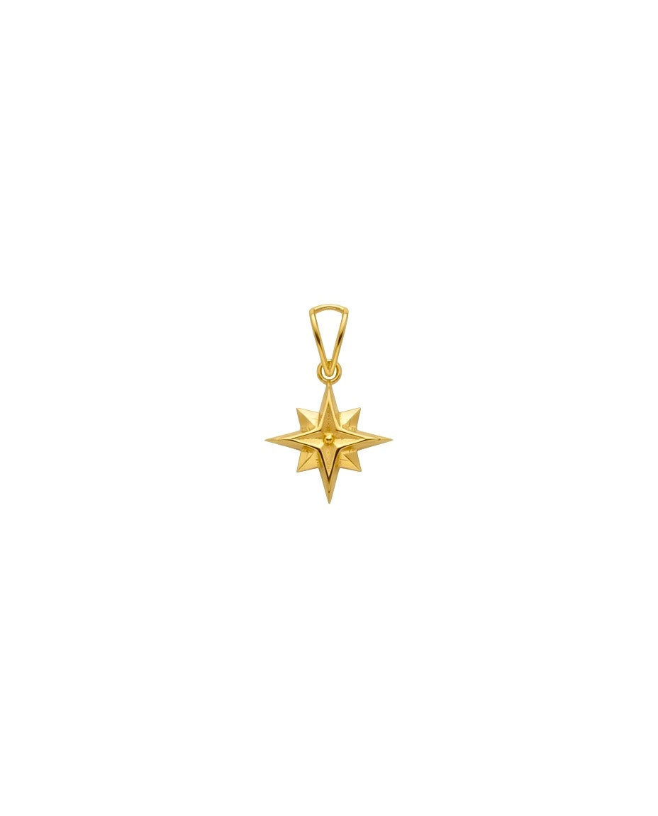 Polarstern Anhänger aus 18k Gelbgold mit fein facettiertem Sterndesign auf weißem Hintergrund.