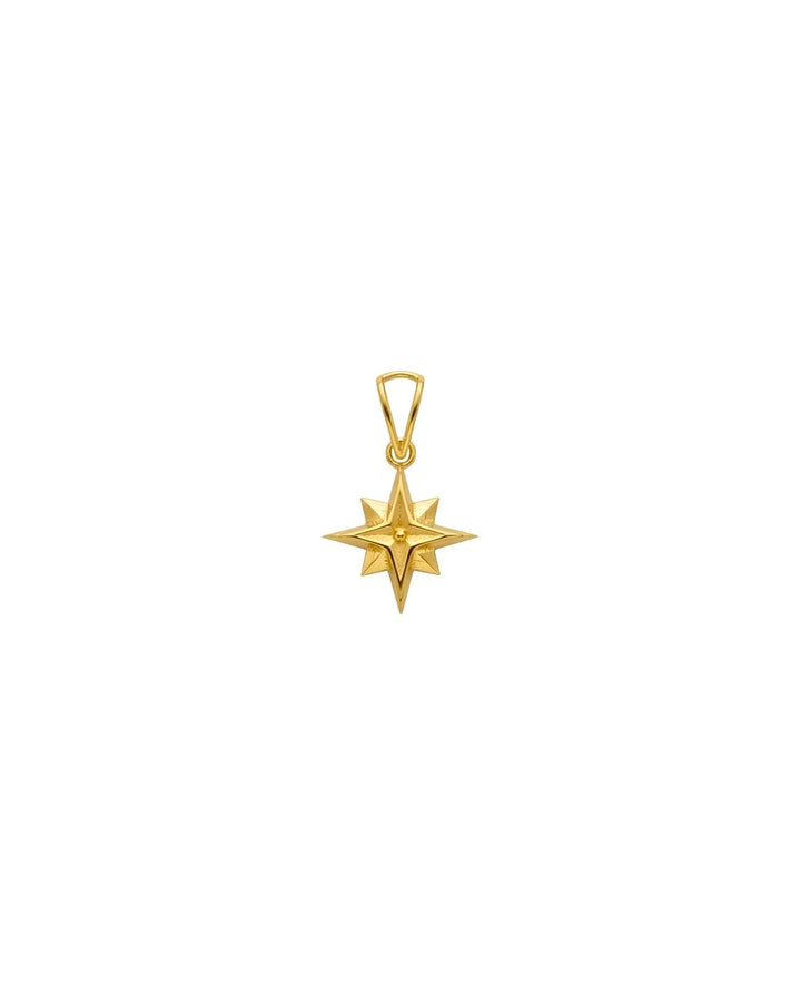 Polarstern Anhänger aus 18k Gelbgold mit fein facettiertem Sterndesign auf weißem Hintergrund.