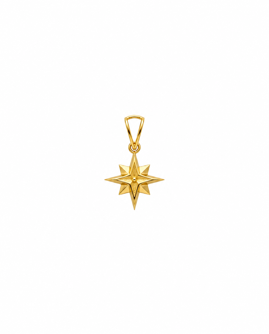 Polarstern Anhänger aus 18k Gelbgold mit fein facettiertem Sterndesign auf weißem Hintergrund.