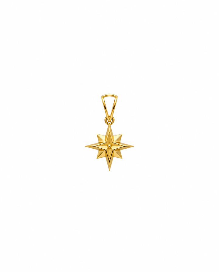 Polarstern Anhänger aus 18k Gelbgold mit fein facettiertem Sterndesign auf weißem Hintergrund.
